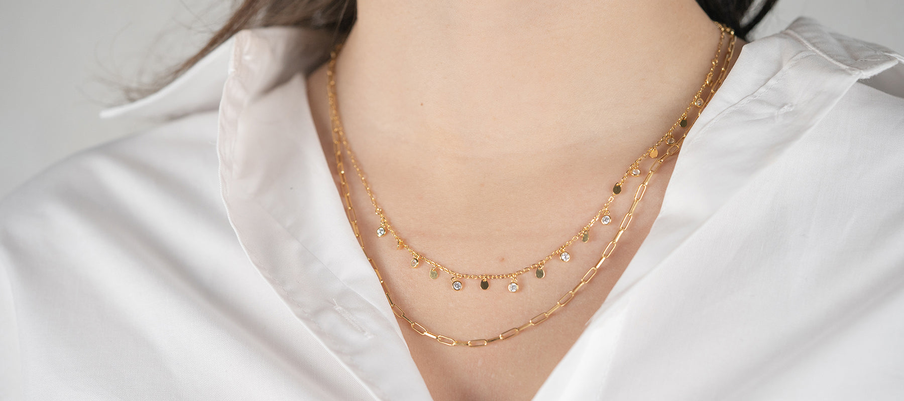 Collier double chaînes en argent plaqué or jaune avec zircons