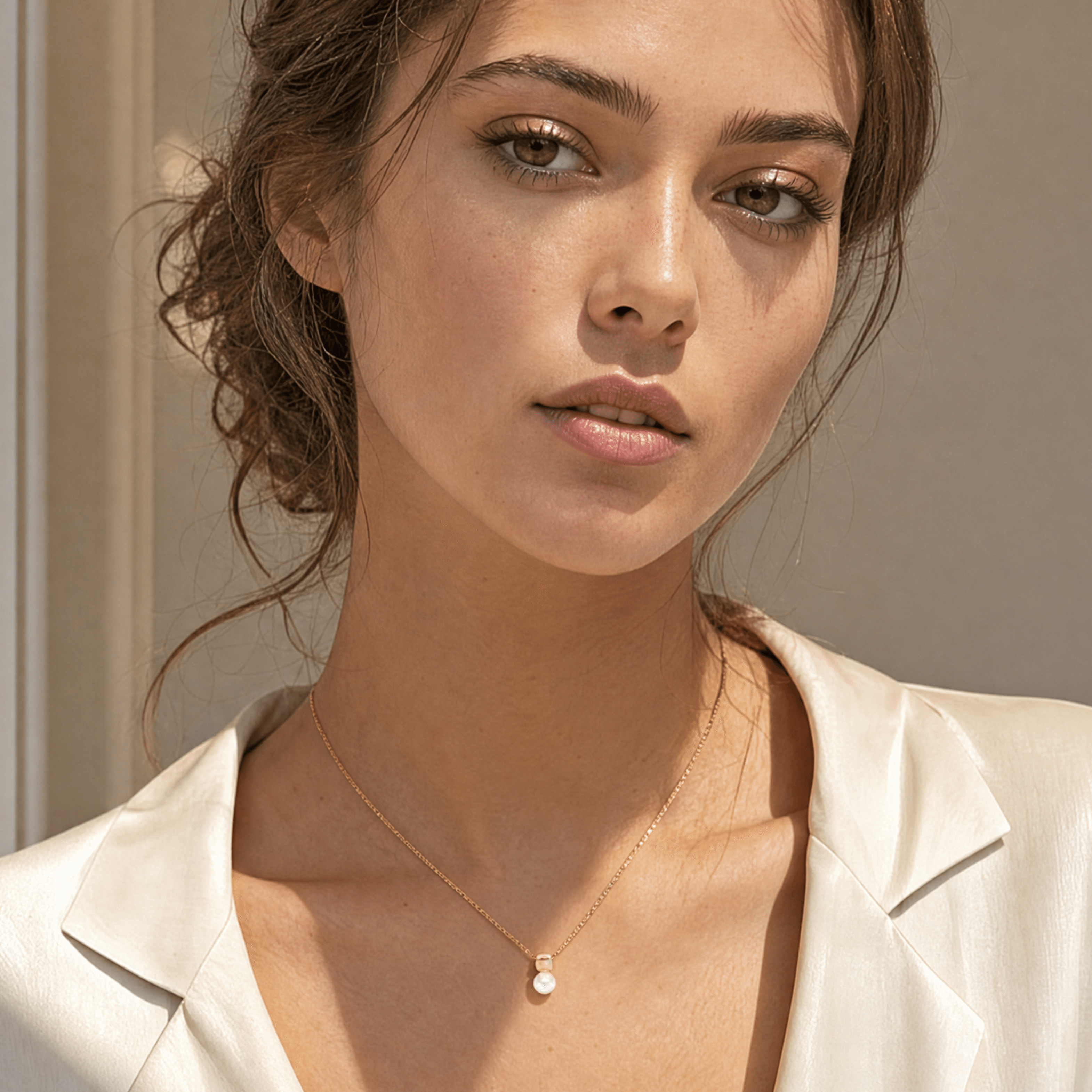 Collier perle de nacre en argent plaqué or porté par une femme