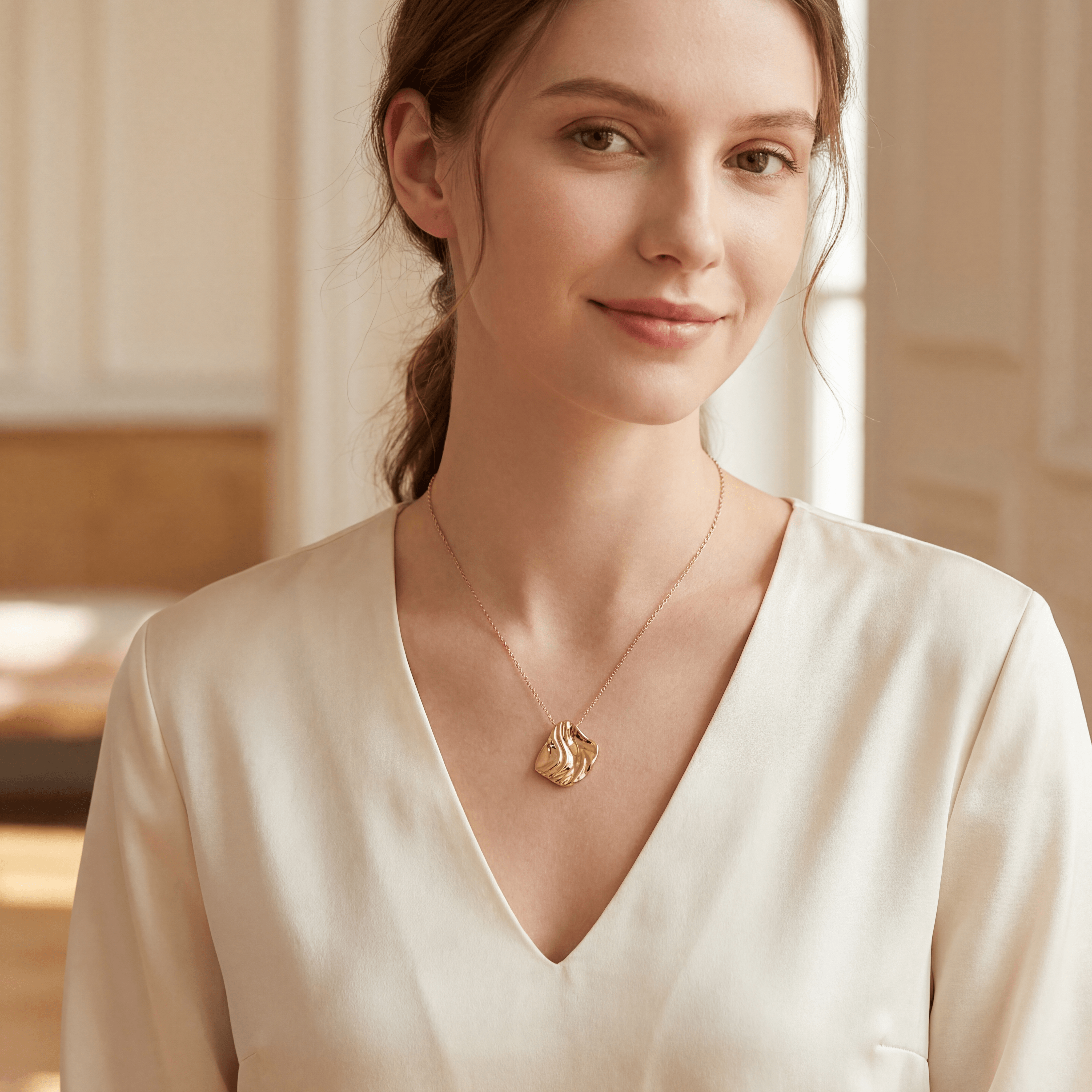 Une femme porte le pendentif carré organique