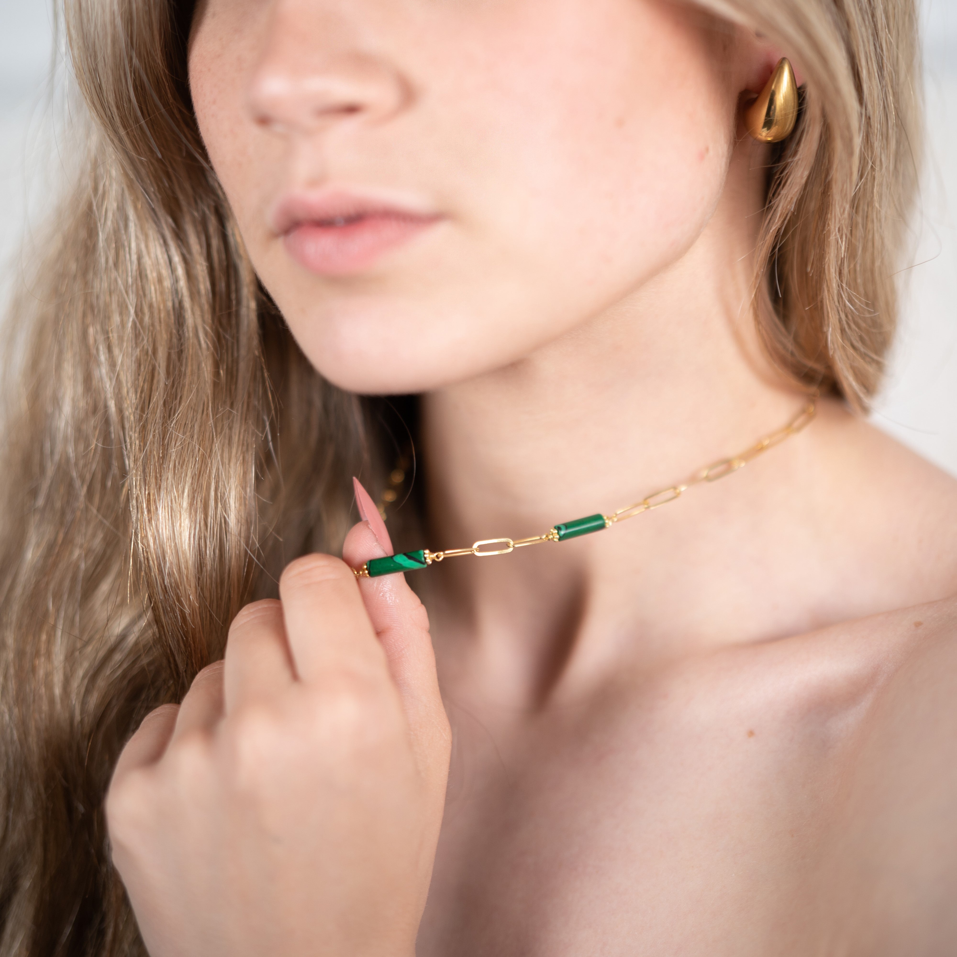 Collana in malachite d'argento 925, placcata in oro giallo