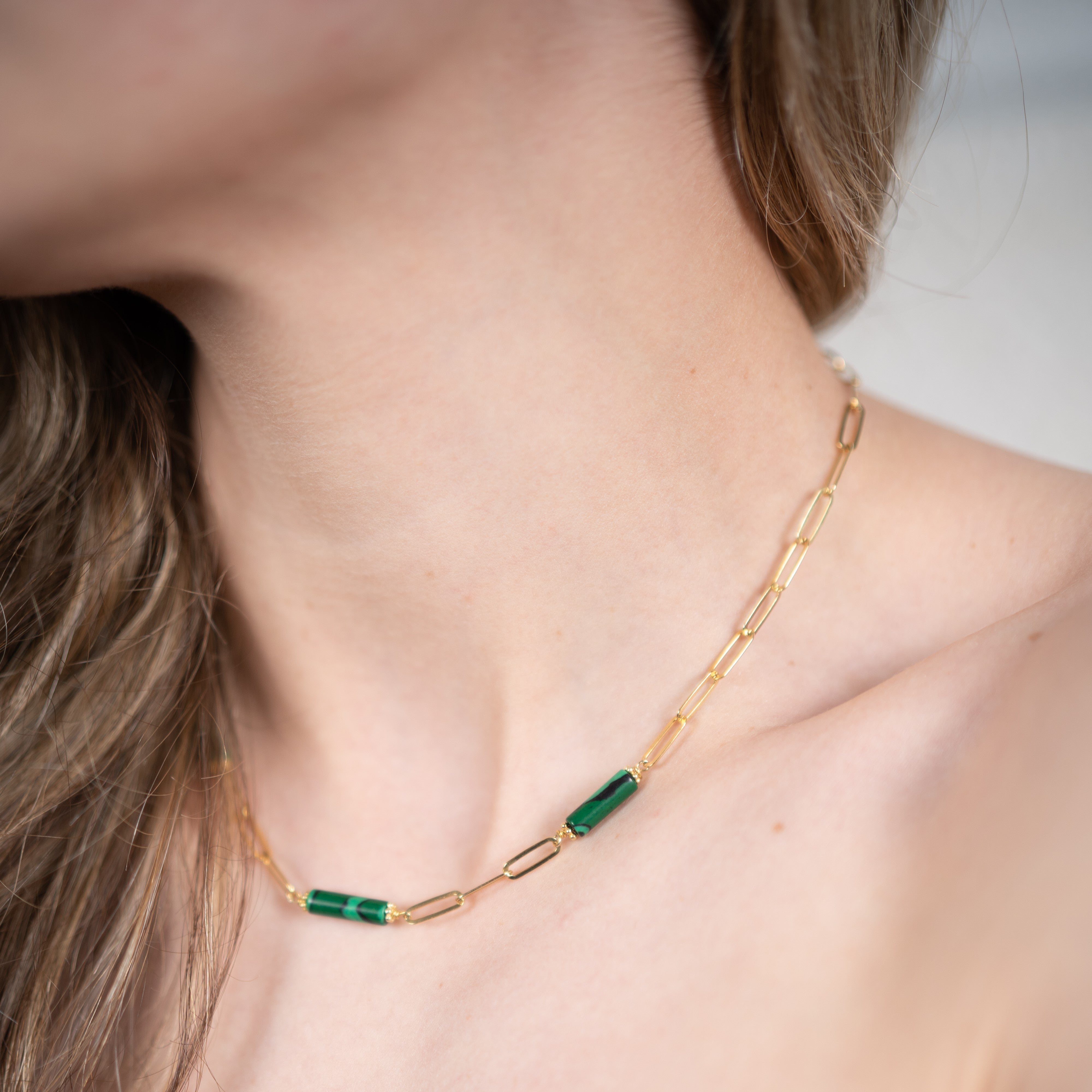 Collier pour femme à pendentifs malachite verte en argent or jaune
