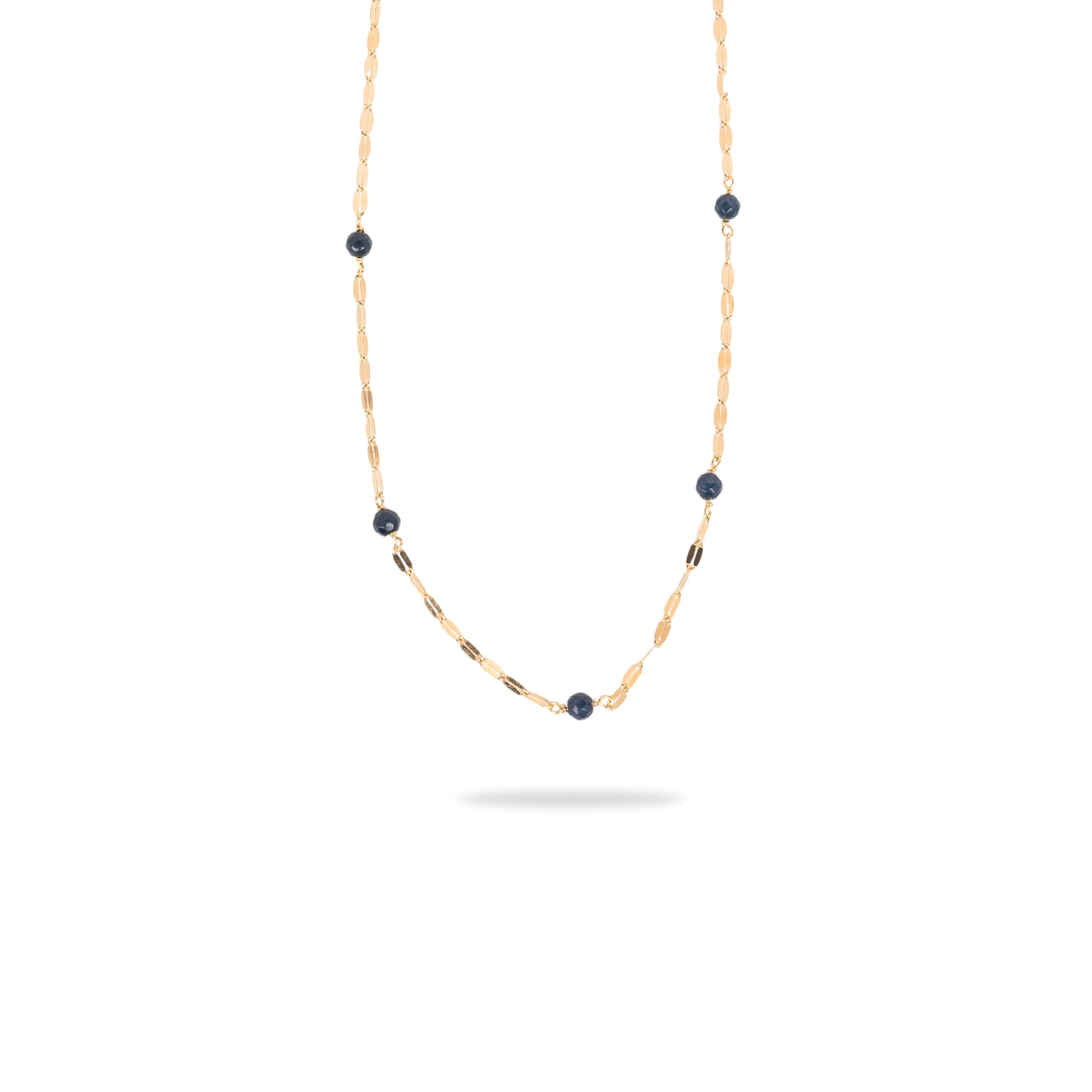 Collier à pendentifs quartz bleu marine en argent plaqué or jaune avec chaîne grain de café