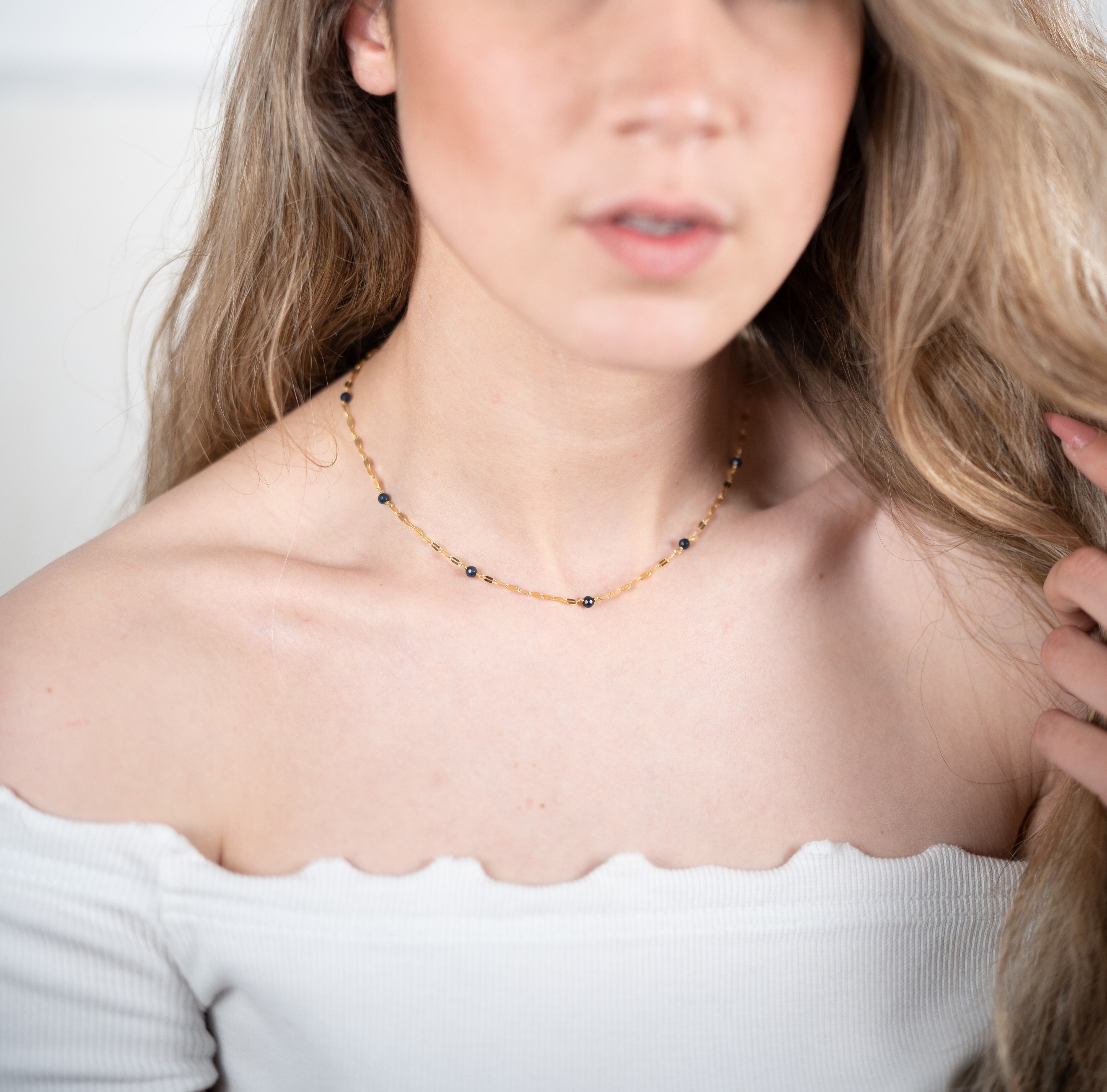 925 silver yellow gold plated navy blue quartz necklace with coffee bean chain