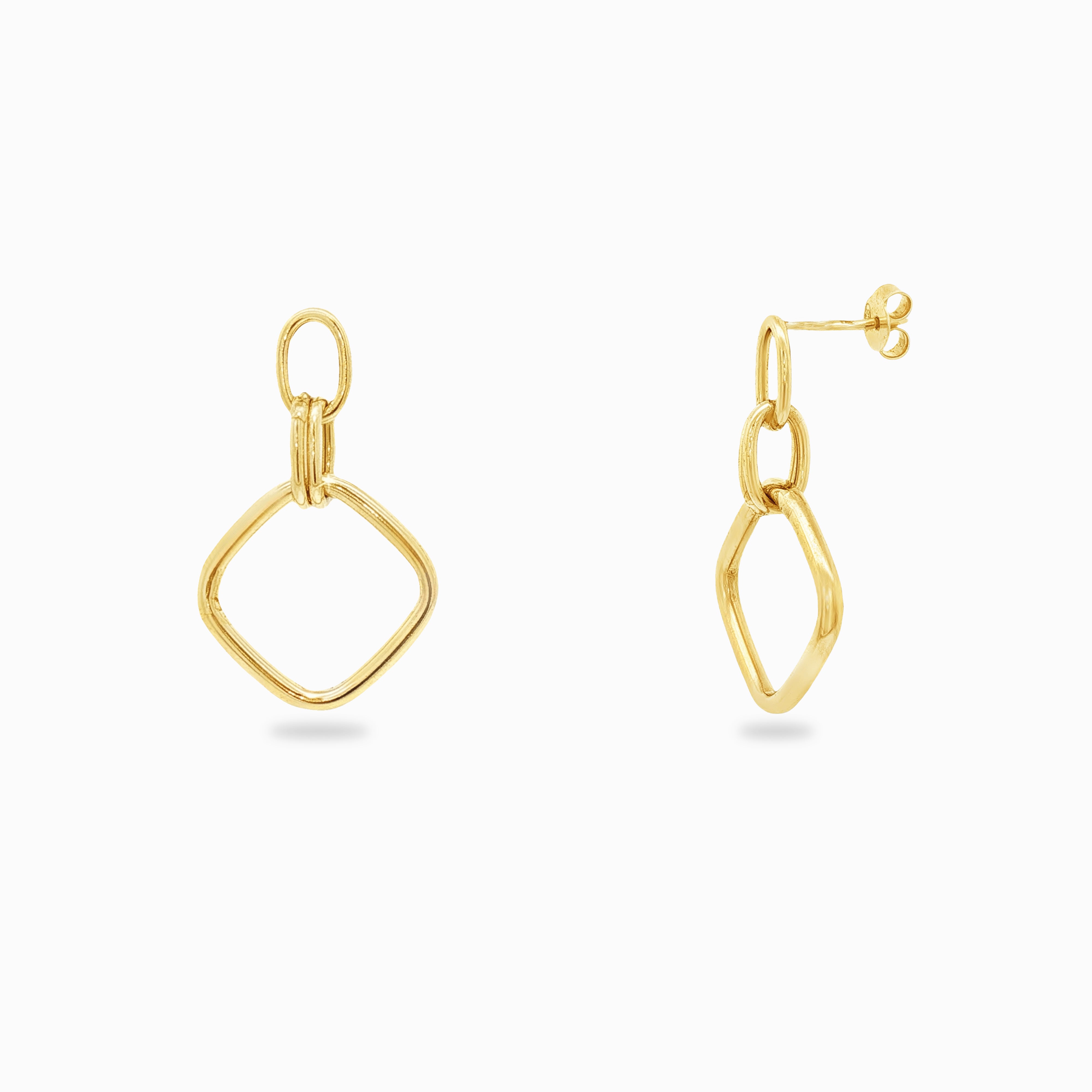 Boucles d'oreilles carrées pendantes or jaune vue de profil